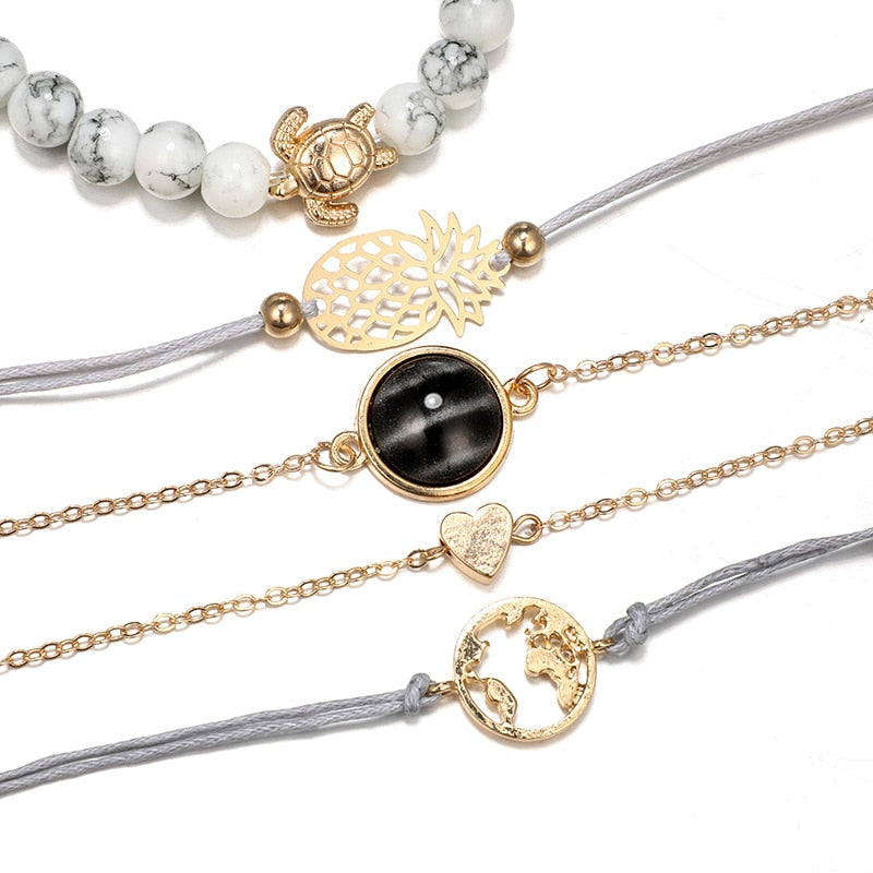 Tocona 5Pcs/ Set Bohemian Bead Pineapple Heart Map Stone Gem Bangles Bracelets Set Women Charm Chain Adjustable Jewelry Gift6855