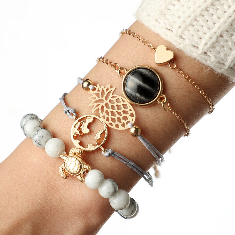 Tocona 5Pcs/ Set Bohemian Bead Pineapple Heart Map Stone Gem Bangles Bracelets Set Women Charm Chain Adjustable Jewelry Gift6855