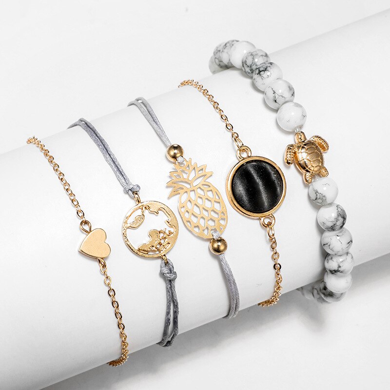 Tocona 5Pcs/ Set Bohemian Bead Pineapple Heart Map Stone Gem Bangles Bracelets Set Women Charm Chain Adjustable Jewelry Gift6855