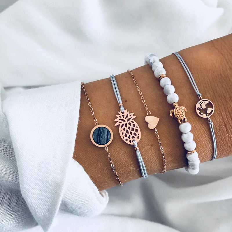 Tocona 5Pcs/ Set Bohemian Bead Pineapple Heart Map Stone Gem Bangles Bracelets Set Women Charm Chain Adjustable Jewelry Gift6855