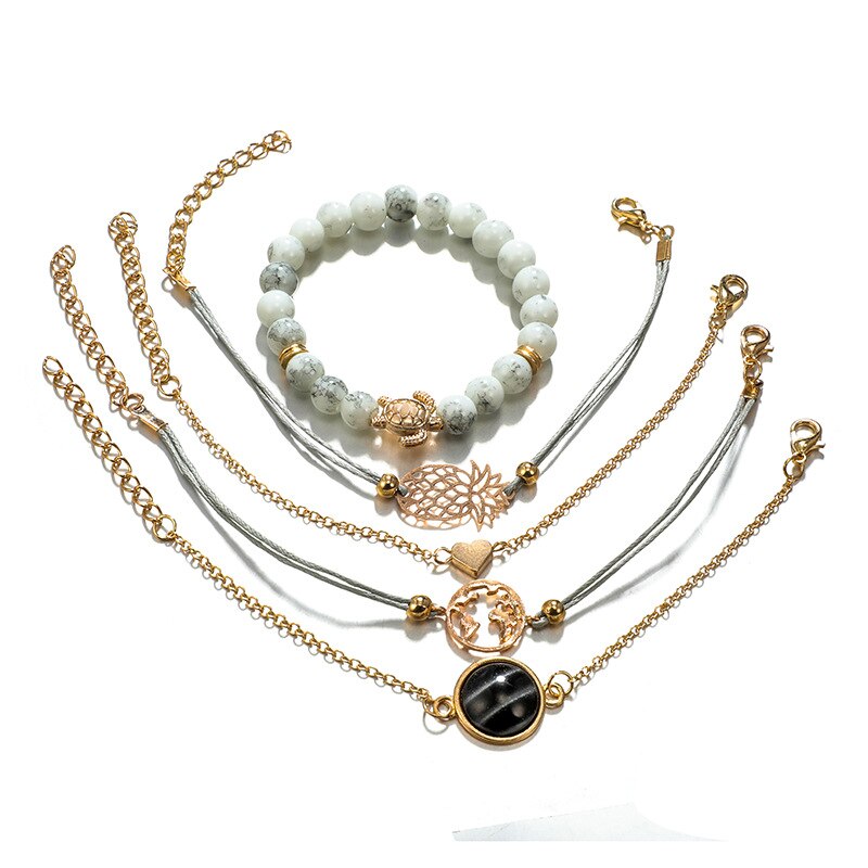 Tocona 5Pcs/ Set Bohemian Bead Pineapple Heart Map Stone Gem Bangles Bracelets Set Women Charm Chain Adjustable Jewelry Gift6855